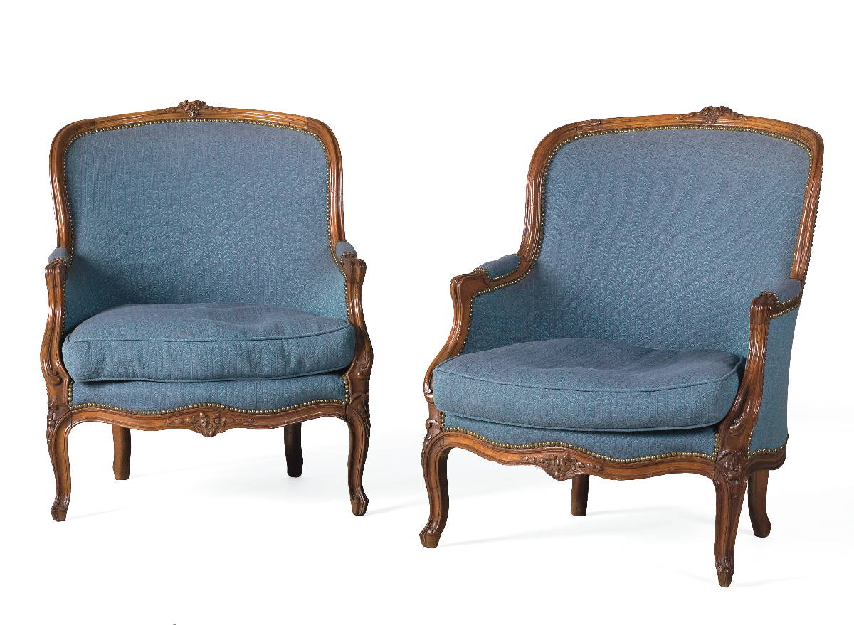 Appraisal: PAIR OF LOUIS XV CARVED WALNUT BERGERES Each frame with