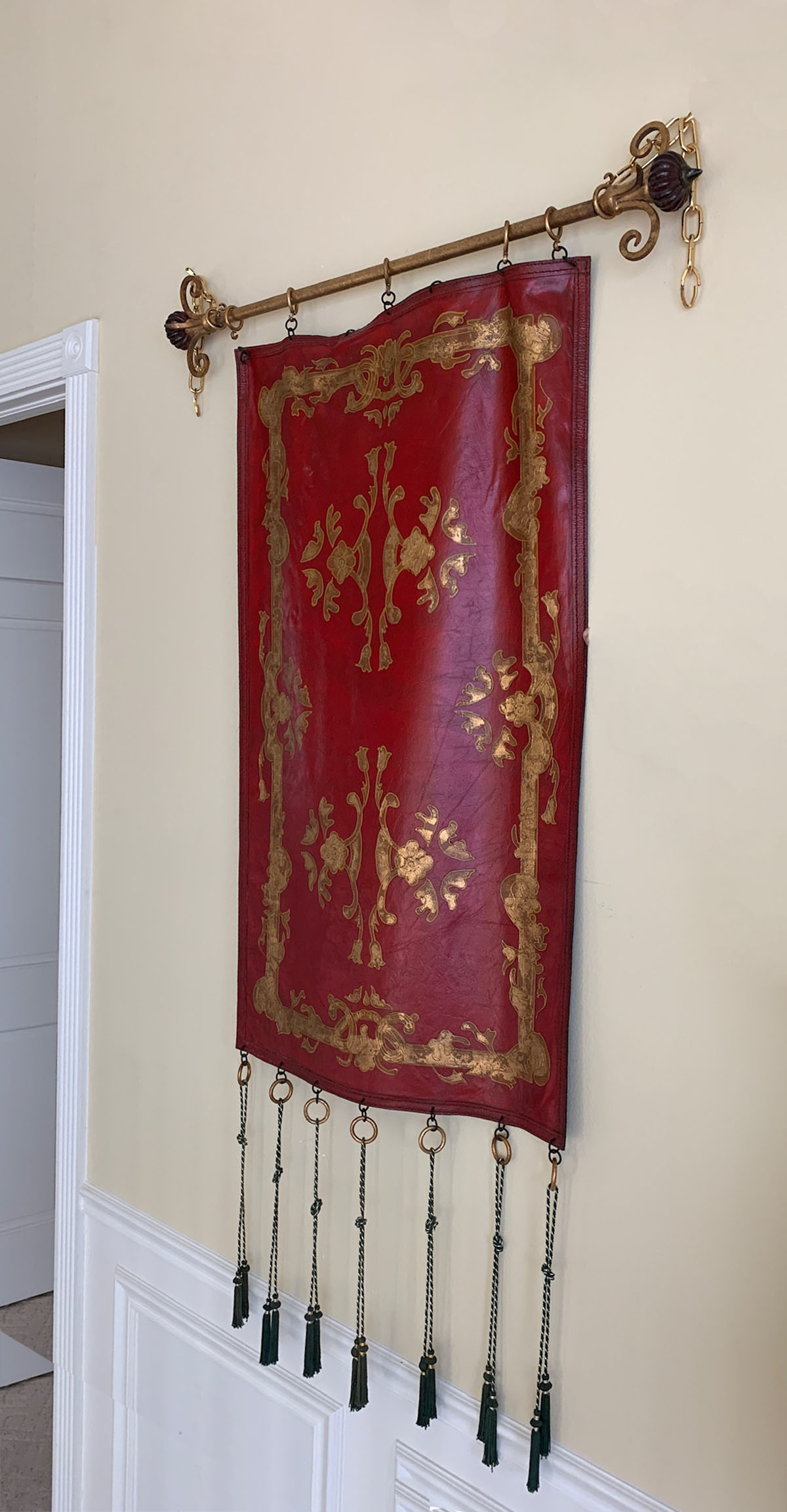 Appraisal: PAINTED LEATHER WALL HANGING Red leather wall hanging having a