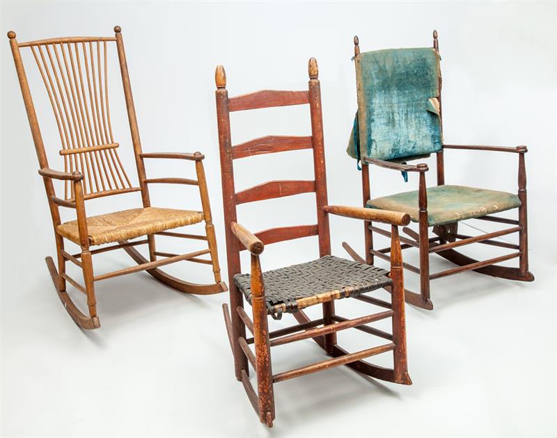 Appraisal: Three Rocking Chairs One red stained with woven splint seat