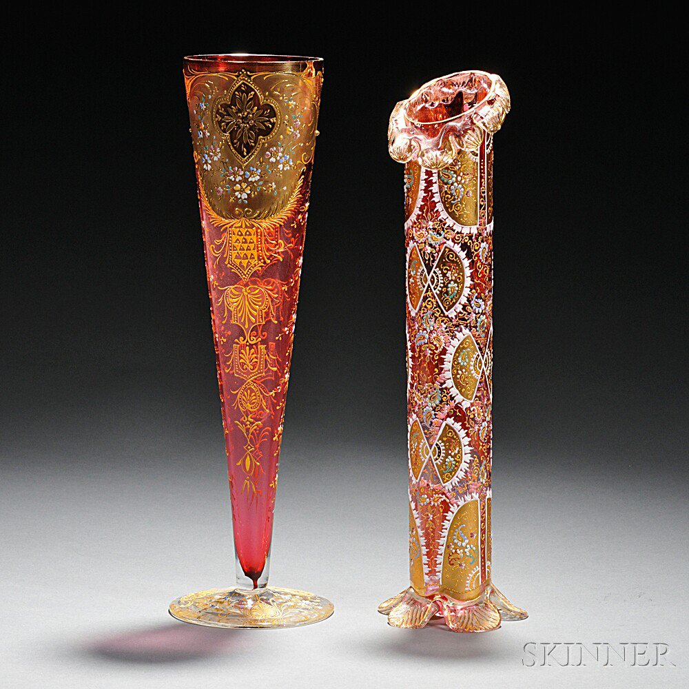 Appraisal: Two Moser-type Gilded and Enameled Cranberry Glass Vases Bohemia late