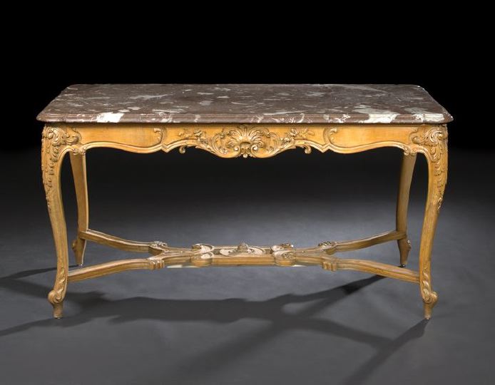 Appraisal: Louis XV-Style Carved Fruitwood and Marble-Top Center Table early th