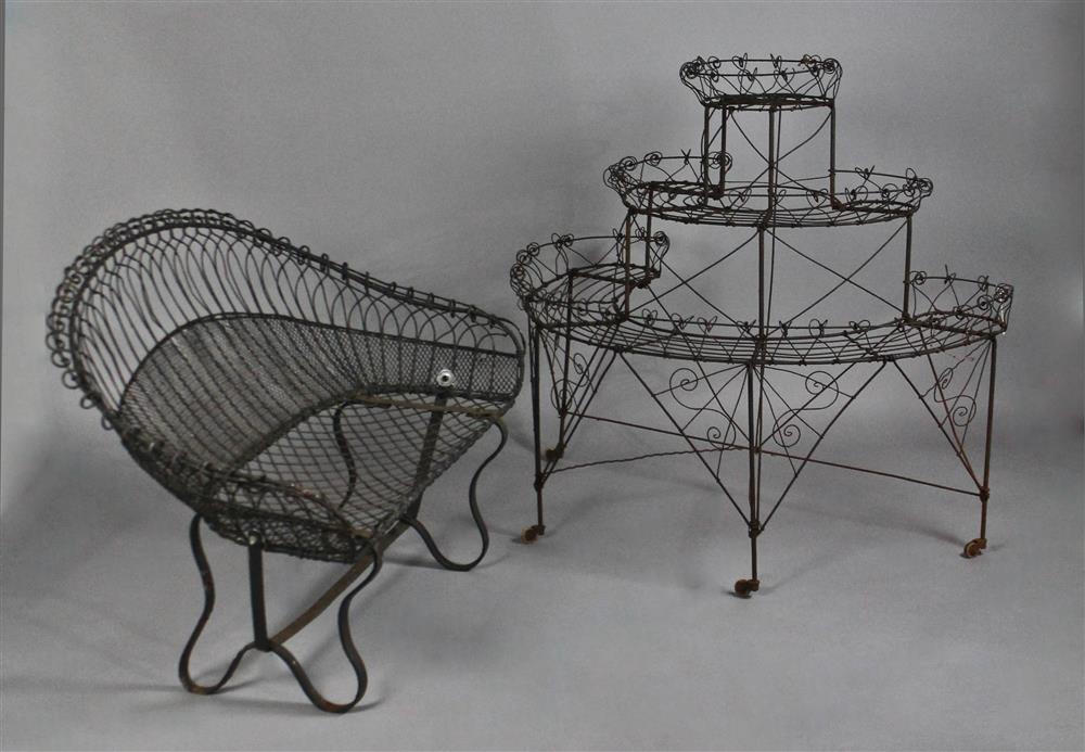 Appraisal: VINTAGE WIREWORK GARDEN SETTEE AND THREE TIERED DEMILUNE PLANTER having