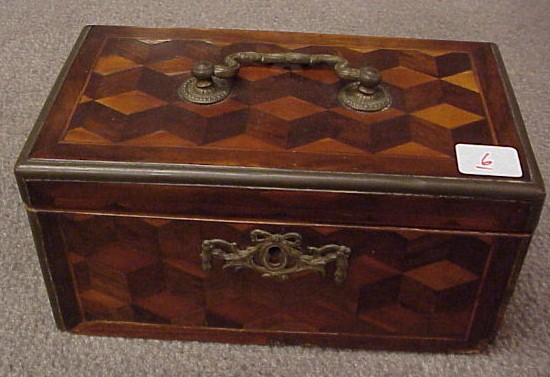 Appraisal: English tea caddy parquetry box opens to reveal three canisters