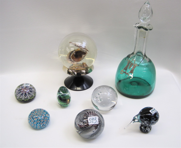 Appraisal: PAPERWEIGHTS DECANTER GLOBE pieces glass paperweights in various shapes and