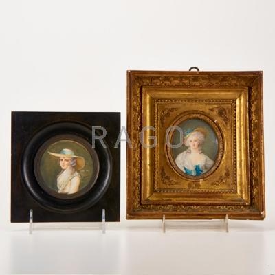 Appraisal: TWO PORTRAIT MINIATURES Framed half-length portraits of women in straw