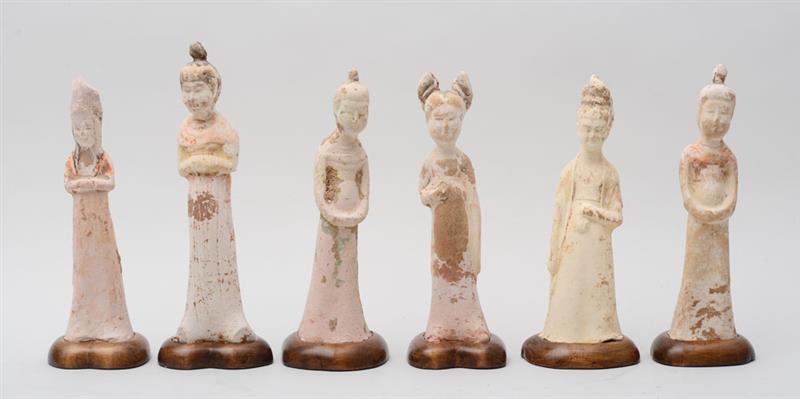 Appraisal: GROUP OF SIX CHINESE TANG-TYPE POTTERY FEMALE TOMB ATTENDANTS Each