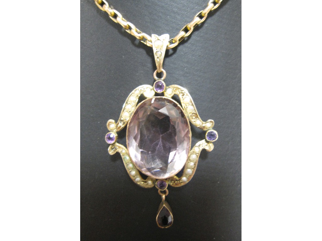 Appraisal: Nine carat gold amethyst and seed pearl set pendant on