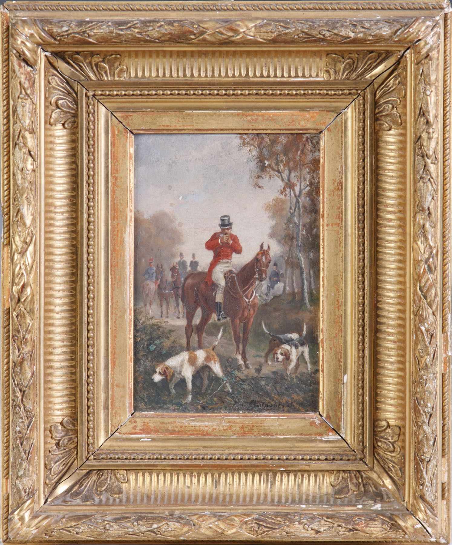 Appraisal: Fox Hunt Scene Sgn lower right illegible Oil panel Original