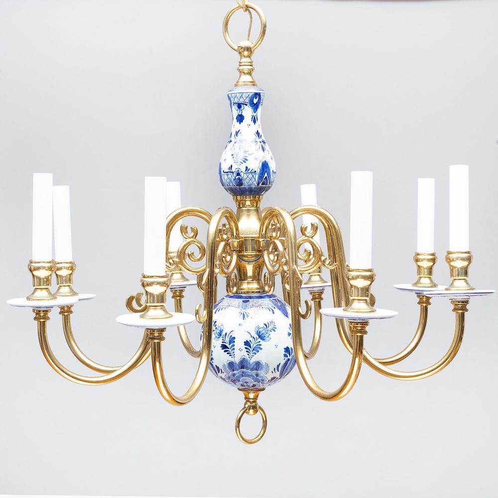 Appraisal: Flemish Brass-Mounted Blue and White Porcelain Eight-Light Chandelier x in