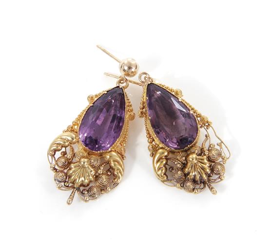 Appraisal: Antique amethyst and gold earrings two x mm pear-shape amethysts