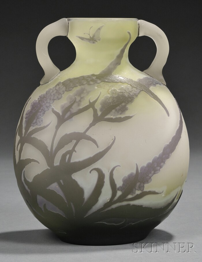 Appraisal: Galle Cameo Glass Vase with Butterfly Art glass France -