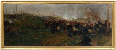 Appraisal: Painting attributed to Detaille battle scene with fully engaged soldiers