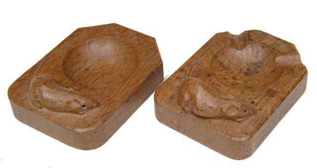 Appraisal: TWO 'MOUSEMAN' CARVED OAK ASHTRAYS wide