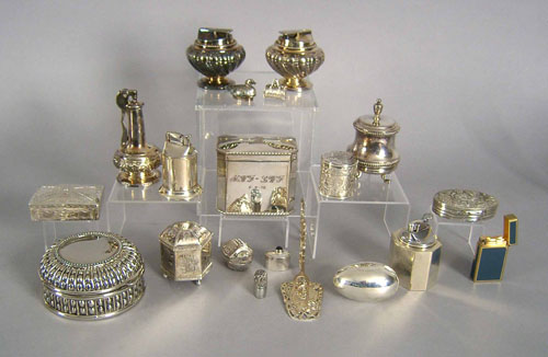 Appraisal: Group of silver plated accessories to include lighters dresser boxes