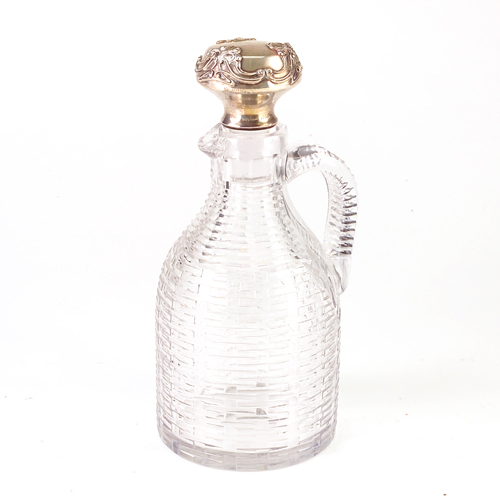 Appraisal: Large basket weave cut glass pitcher with Art Nouveau Sterling