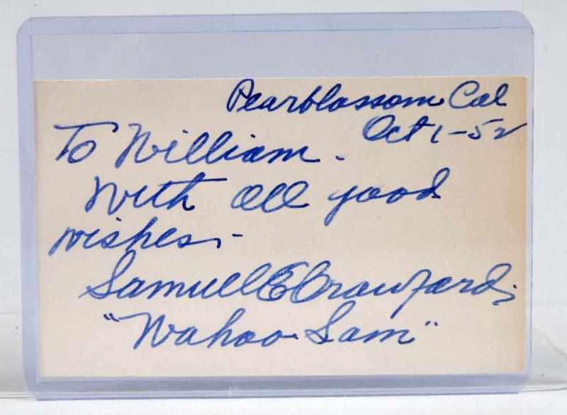 Appraisal: Vintage Sam Crawford Signature on Card Signature of HOFer Pearblossom