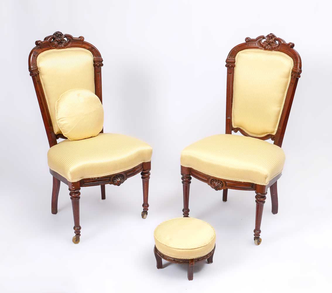 Appraisal: FRENCH VICTORIAN CARVED SIDE CHAIRS AND STOOL Pair of side