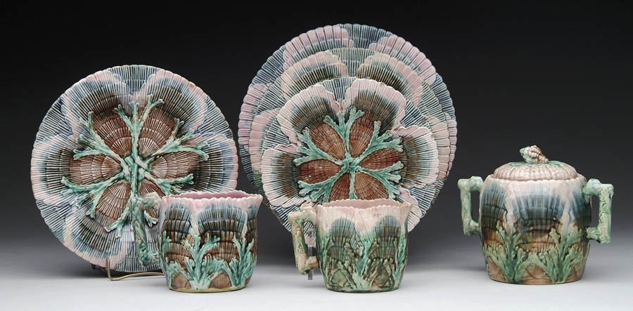 Appraisal: SEVEN PIECES OF SHELL AND SEAWEED PATTERN MAJOLICA Lot consists