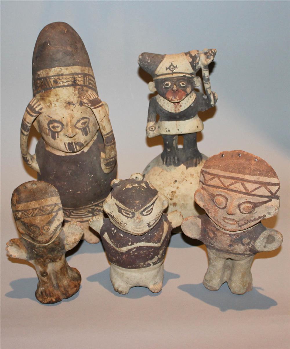 Appraisal: FIVE PRE-COLUMBIAN STYLE PAINTED POTTERY FIGURES the smallest is h