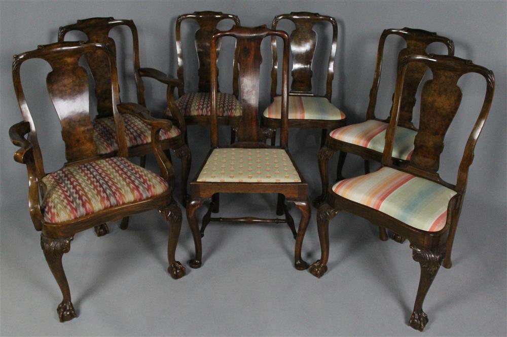 Appraisal: SET OF SIX CARVED BURL WALNUT QUEEN ANNE CHAIRS PLUS