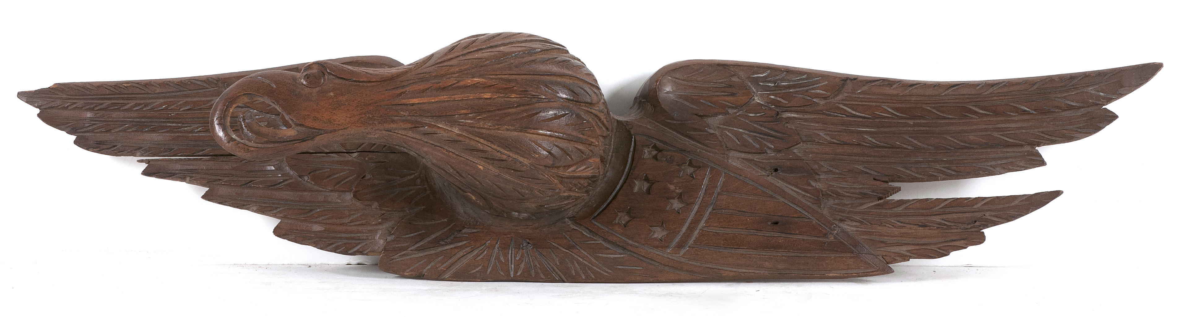 Appraisal: BELLAMY-STYLE CARVED WOODEN EAGLE PLAQUE Early th CenturyA spread-wing eagle