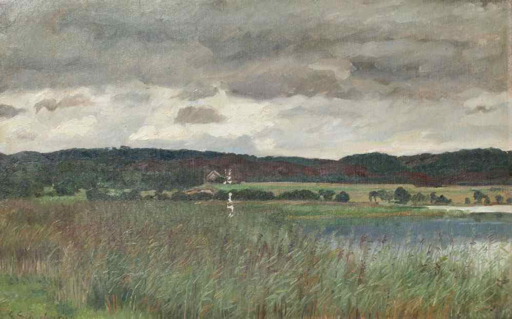 Appraisal: SCHJELDERUP Leis Danish - Country landscape with pond and farmhouse