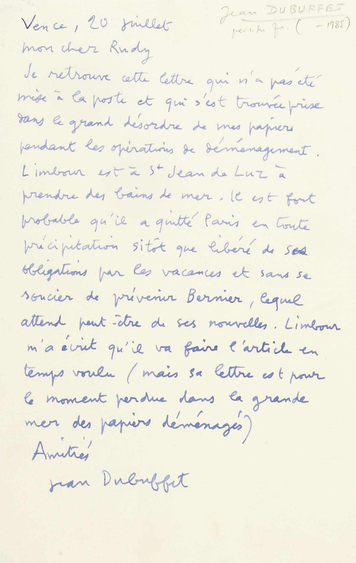 Appraisal: DUBUFFET JEAN - Autograph Letter Signed ''Jean Dubuffet'' p vo