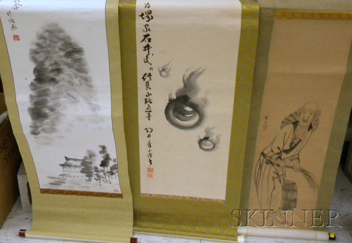 Appraisal: Three Japanese Scroll Paintings depicting a worker with a hat