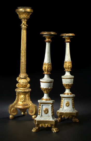 Appraisal: Pair of Italian Gilded and Pale Gray-Painted Altar Sticks in