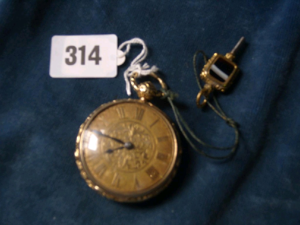 Appraisal: An ct gold pocket watch with gilt dial and relief