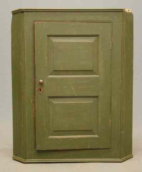 Appraisal: th c hanging corner cupboard in old green paint ''