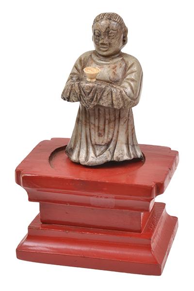 Appraisal: CARVED CHINESE SOAPSTONE SHAOLIN MOUNTED ON A RED LACQUER BASE