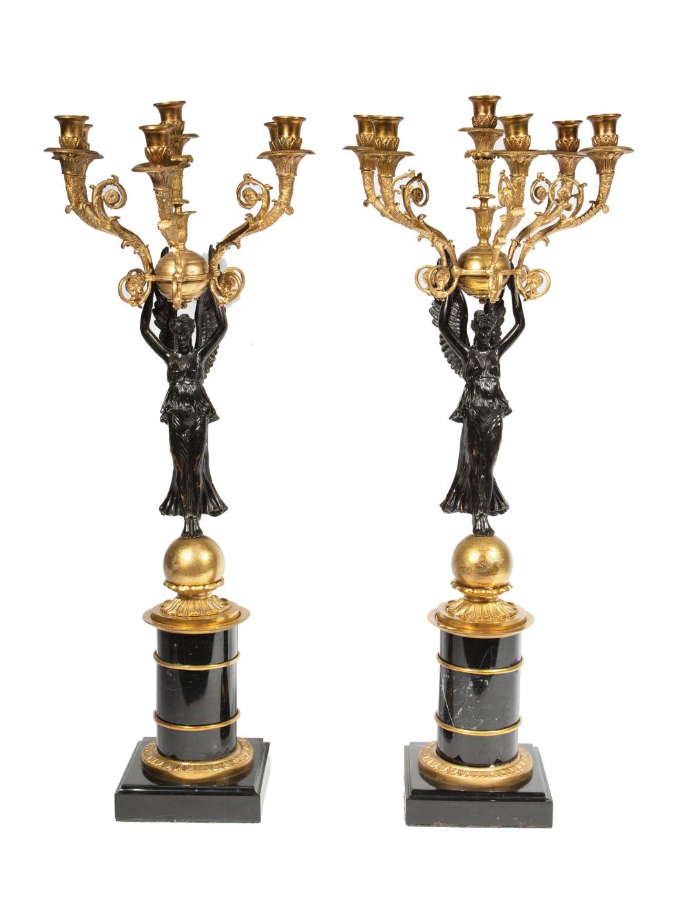 Appraisal: Pair of Empire-Style Gilt and Patinated Bronze Winged Victory Six-Light