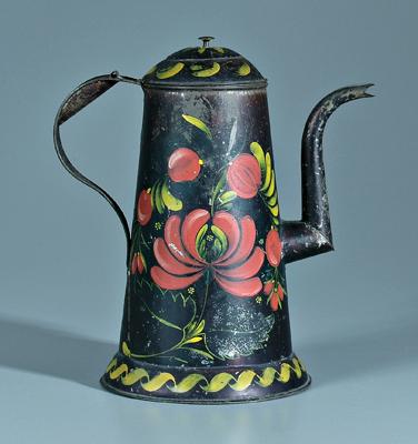 Appraisal: Toleware coffeepot reinforced handle with lid guard crooked spout flanged