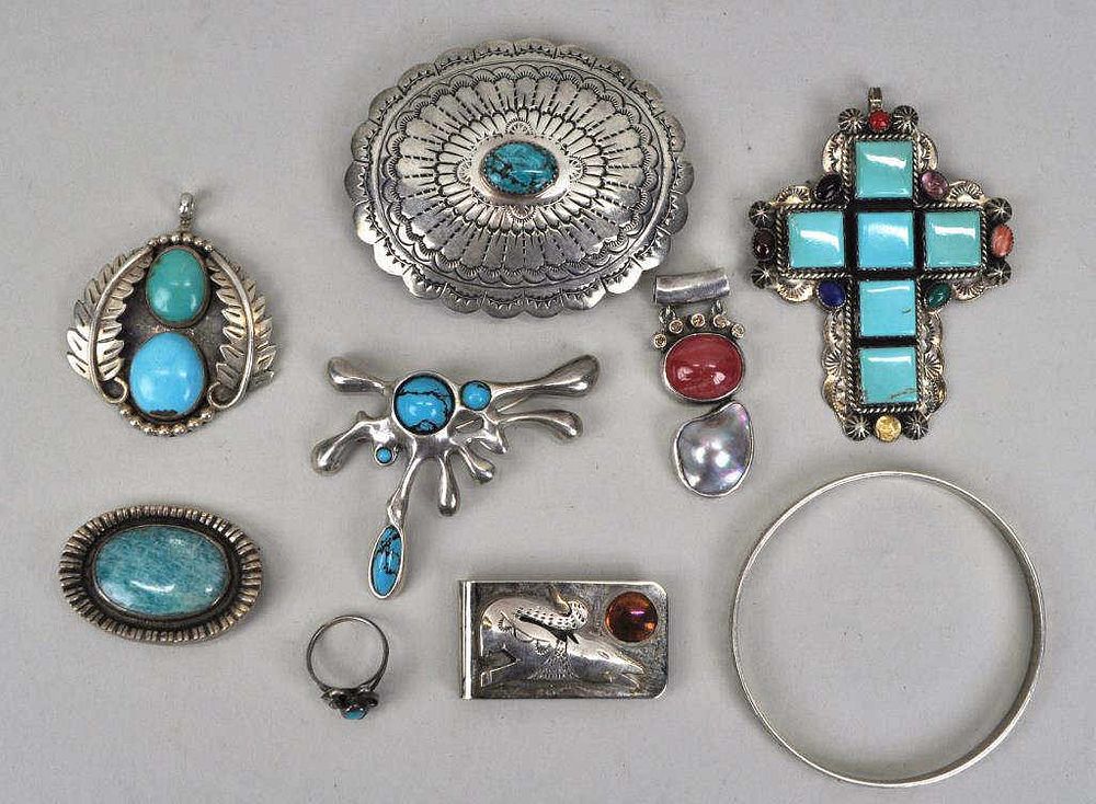 Appraisal: Nine NA Sterling Jewelry Items several multi-stoned including a belt