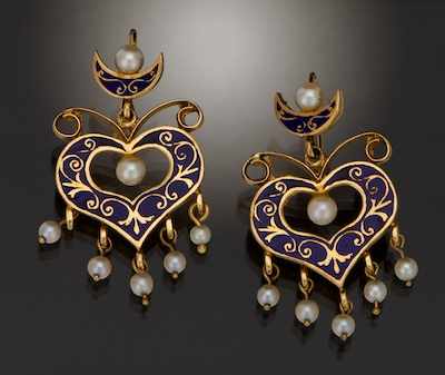 Appraisal: A Pair of Gold Pearl and Enamel Earrings k yellow