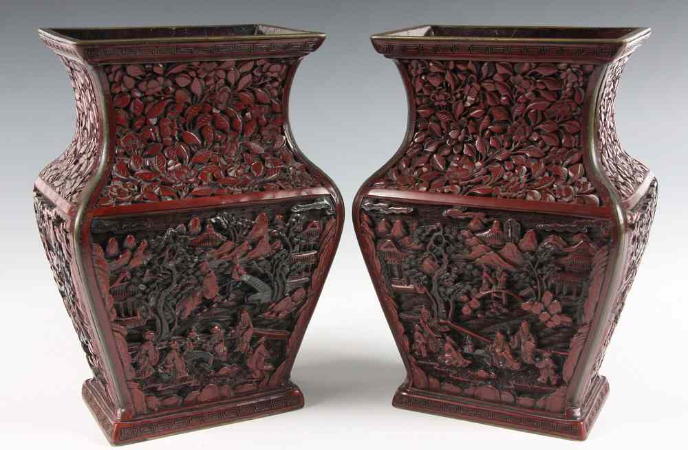 Appraisal: PAIR CHINESE CINNABAR VASES - Pair Two-Tone Cinnabar Four-Sided Vases