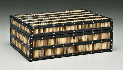 Appraisal: Quill work box ebony frame with bone dot inlay lift-out