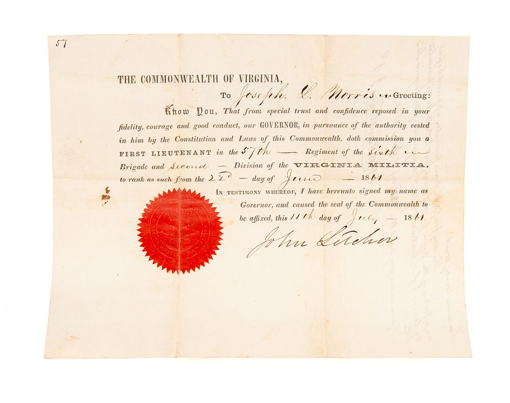 Appraisal: Civil War Confederate signed Gov Letcher Civil War Confederate Enlistment