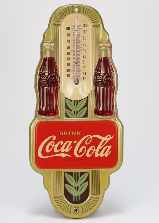 Appraisal: COCA COLA TIN THERMOMETER ADVERTISING SIGN Ohio Depicts two glass