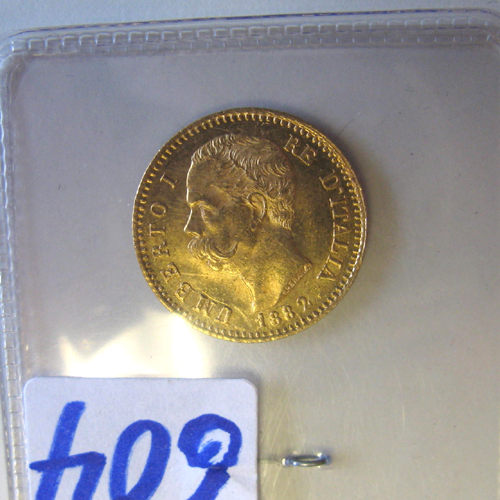 Appraisal: KINGDOM OF ITALY TWENTY LIRE GOLD COIN Umberto I R