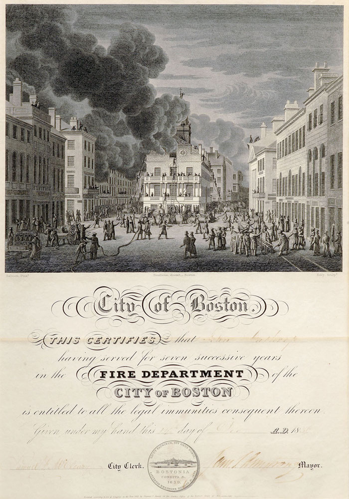 Appraisal: CITY OF BOSTON FIRE DEPARTMENT CERTIFICATE WITH ENGRAVED SCENE AFTER