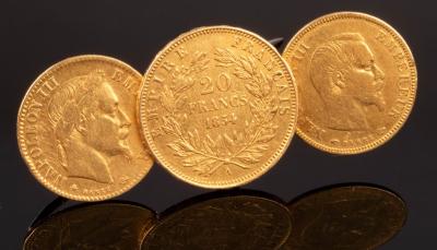 Appraisal: A brooch set with three Napoleon III gold coins one