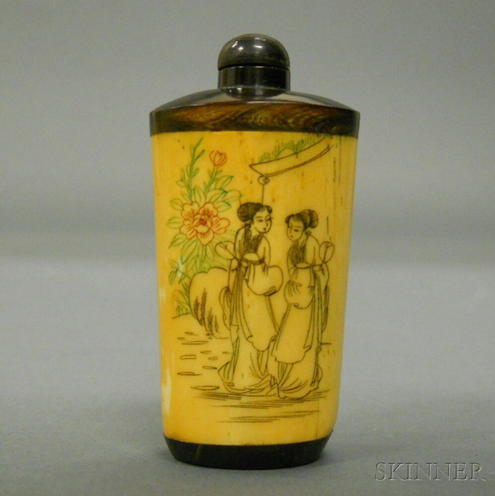 Appraisal: Bone Snuff Bottle China elliptic cylindrical incised with women at