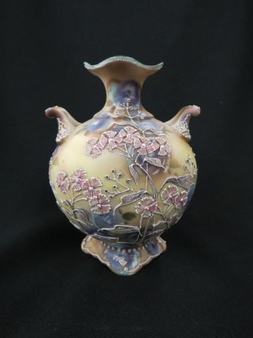 Appraisal: Nippon Moriage Porcelain Vase handpainted elaborate floral handled signed excellent