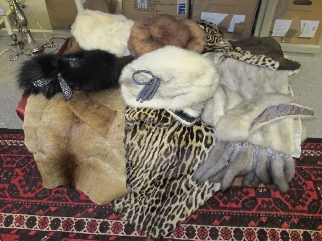 Appraisal: Box of various fur coats stoles and hats including Ocelot