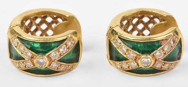 Appraisal: kt Diamond Earrings huggie design each with green resin round