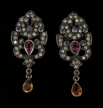 Appraisal: A Pair of Georgian-Inspired Diamond Sapphire and Citrine Earrings A