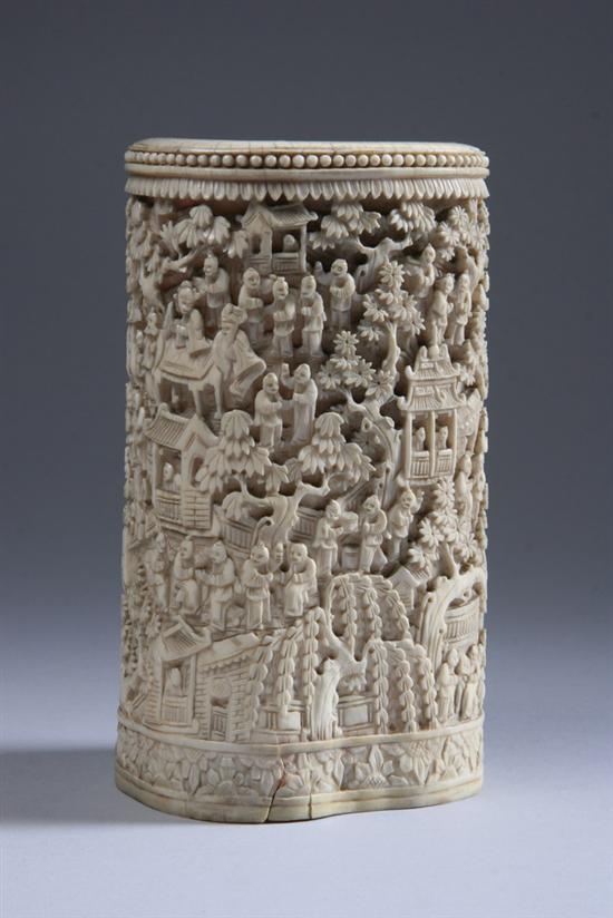 Appraisal: CHINESE CARVED IVORY BRUSH POT th century circa Figural pavilion