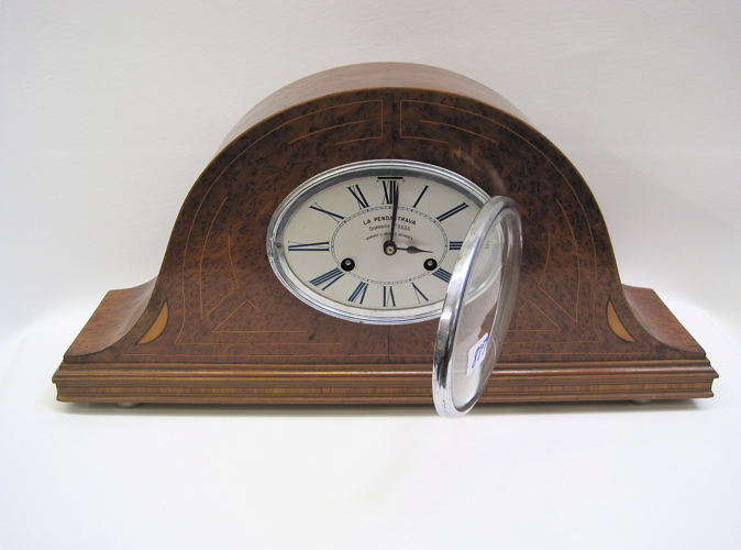 Appraisal: FRENCH INLAID BURL WALNUT MANTEL CLOCK La Pendastrava model C